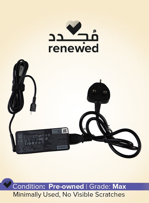 Renewed - 65W C type Pin AC Adapter Black With Cable Black