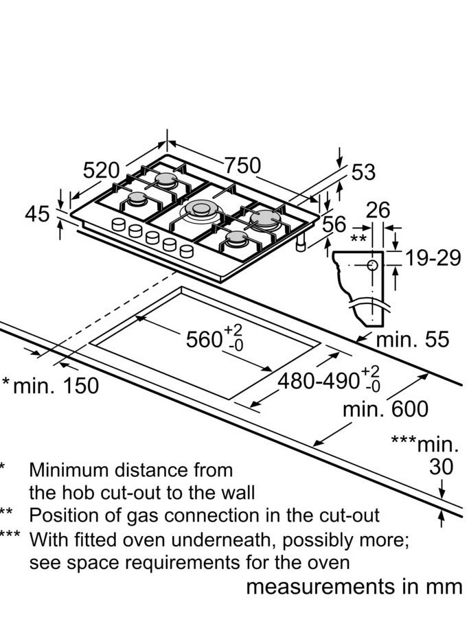 بوش Built in hob 5 burner 75 cm  Series 6 Pan Support Cast iron Stainless steel Frameless PCQ7A5B90 PCQ7A5B90 Silver - Image 4