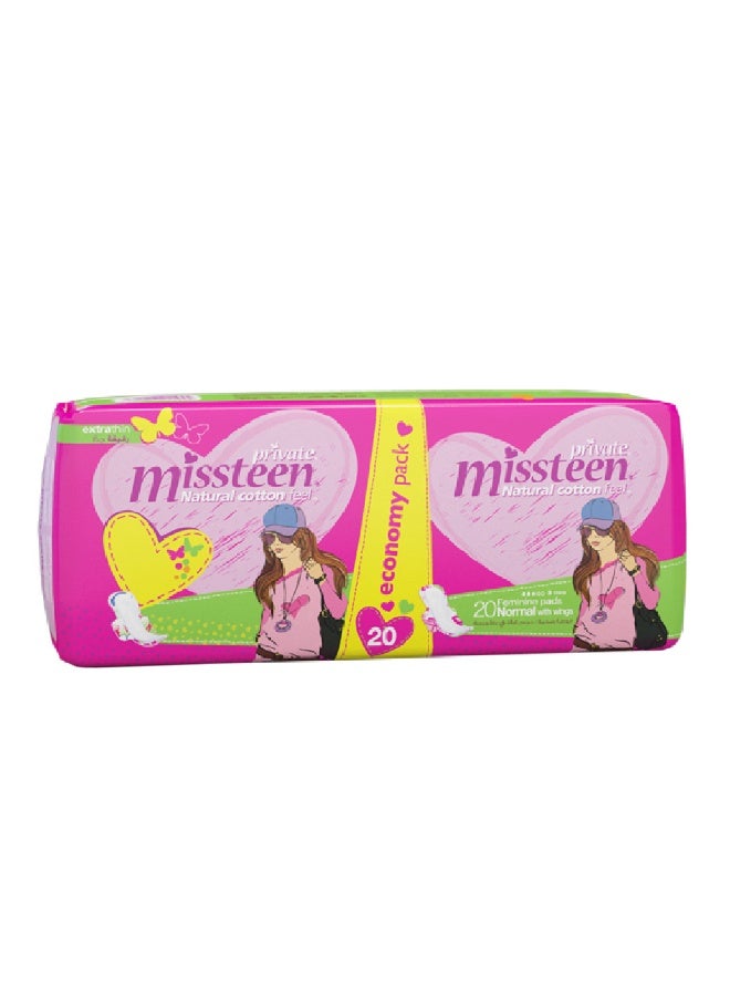 برايفت - Private Missteen Extra Thin Feminine Pads, Normal with Wings, 2 × 10 Pads - Image 1