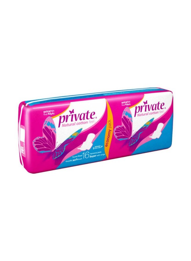 Private Private Natural Cotton Feel Extra Thin Feminine Pads Super with Wings, 16 Pads 