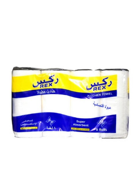 Rex Kitchen Towel Super Absorbent, 2 Ply, 22x23cm × 8 Rolls