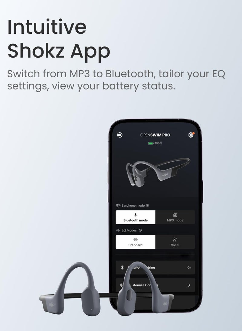 SHOKZ - OpenSwim Pro - Open-Ear Bluetooth Headphones & 32GB MP3 Player, IP68 Waterproof, Bone Conduction Headphones, Secure Fit for Workouts, Running and Swimming, Built-in Microphone, App Grey - Image 1