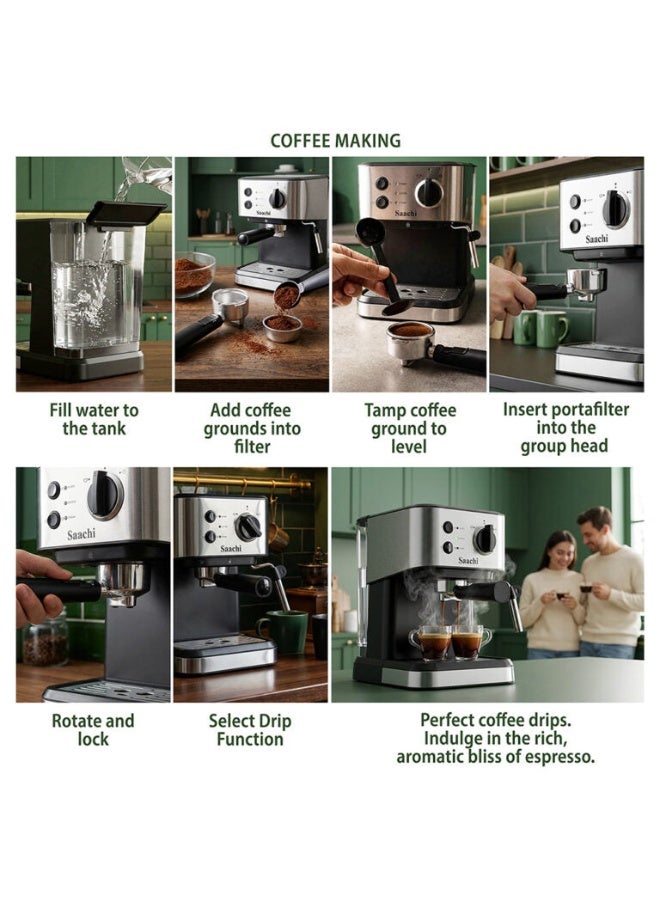 Saachi 20-Bar Espresso Coffee Maker NL-COF-7068-BK, Cappuccino & Latte Machine, 1.5L Removable Water Tank, Milk Frother, Cup Warmer 1 kg 1050 W NL-COF-7068-BK Black - Image 4