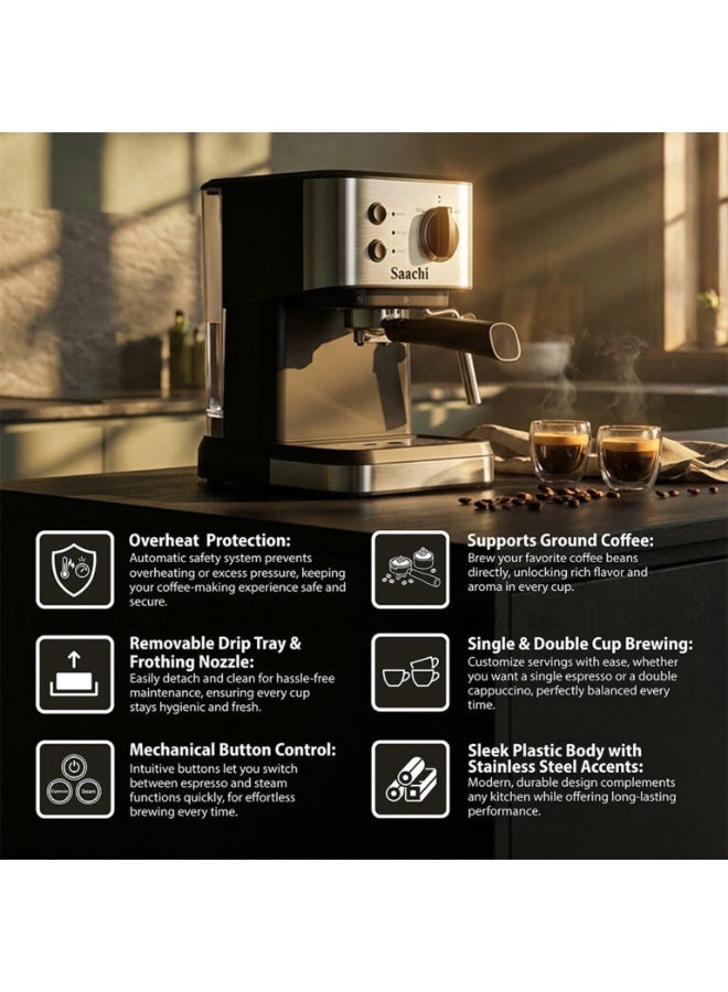 Saachi 20-Bar Espresso Coffee Maker NL-COF-7068-BK, Cappuccino & Latte Machine, 1.5L Removable Water Tank, Milk Frother, Cup Warmer 1 kg 1050 W NL-COF-7068-BK Black - Image 3
