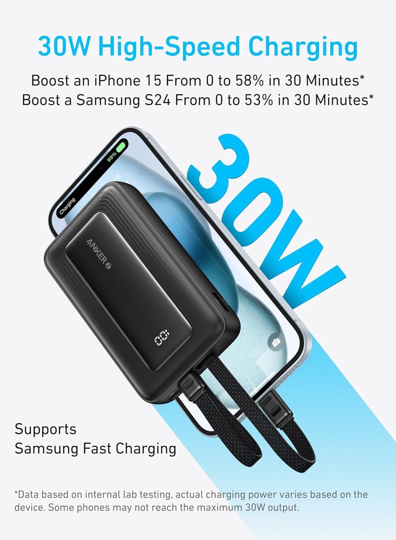 Anker - 20000 mAh Zolo Power Bank 30W Max Fast Portable Charger with Built-In USB-C and Lightning Cables and MFi Certified 1C1A for iPhone 15/14 Series, MacBook, Galaxy and More Black - Image 1