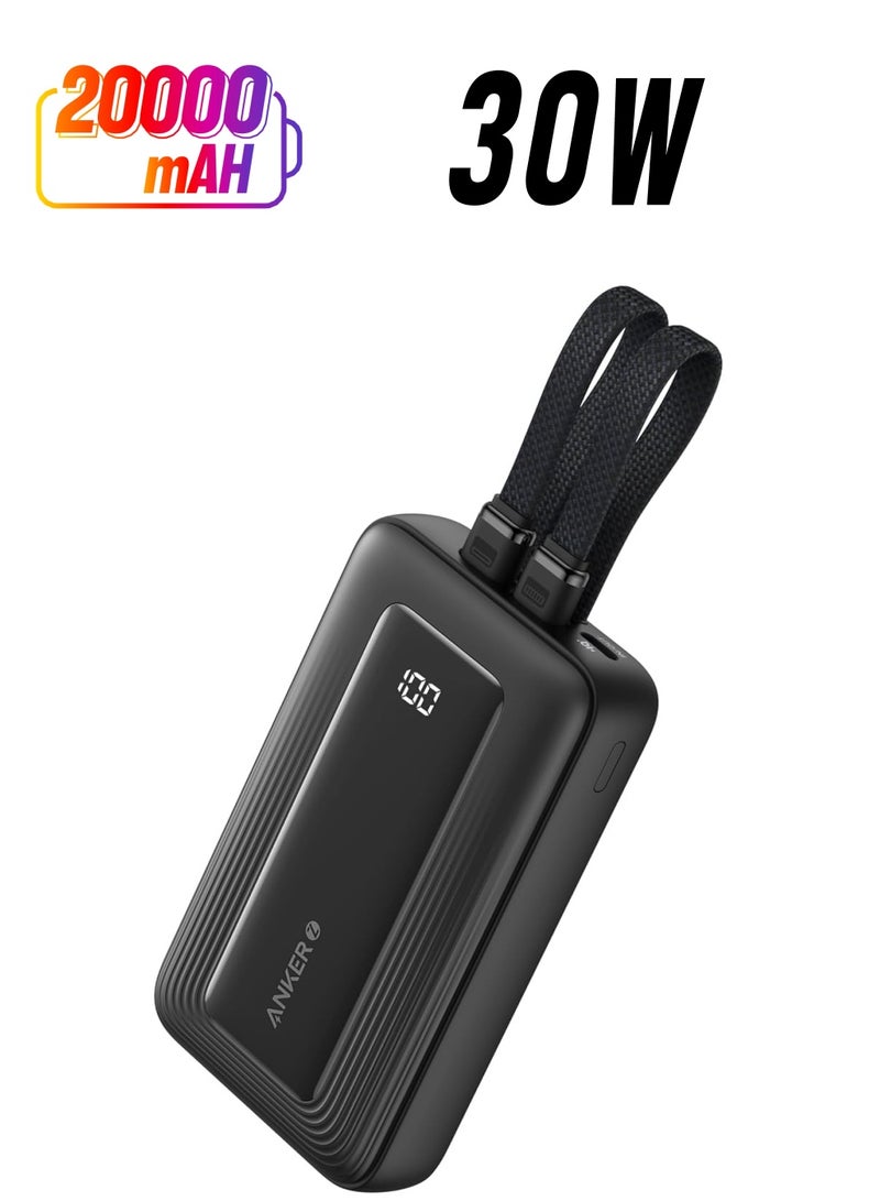 Anker - 20000 mAh Zolo Power Bank 30W Max Fast Portable Charger with Built-In USB-C and Lightning Cables and MFi Certified 1C1A for iPhone 15/14 Series, MacBook, Galaxy and More Black - Image 1