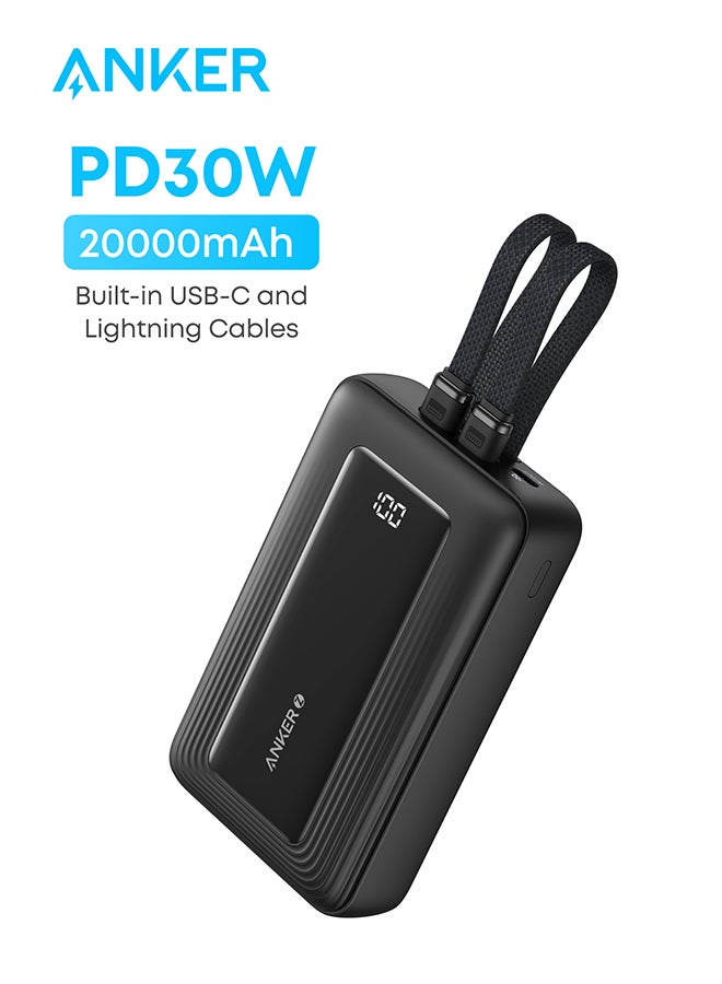Anker 20000 mAh Zolo Power Bank, 20,000mAh 30W Max Fast Portable Charger with Built-in USB-C and MFi Certified Lightning Cables, 1 USB-C, 1 USB-A, Battery Pack for iPhone 16/15/14 Series, Galaxy, and more Black - Image 1