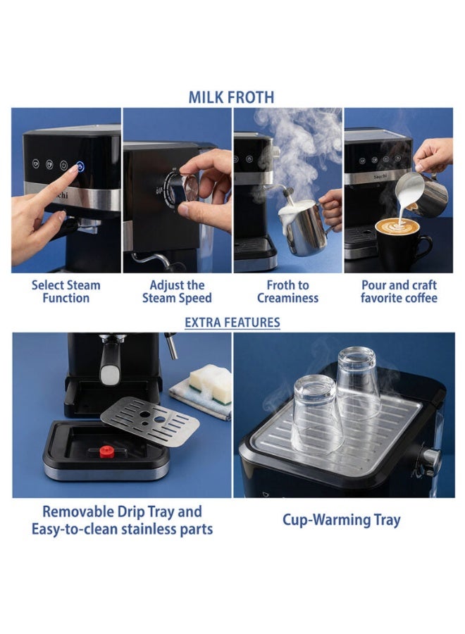 Saachi 20-Bar Espresso Coffee Maker NL-COF-7065-BK, Cappuccino & Latte Machine, 1.5L Water Tank, Touch Control, Milk Frother, Cup Warmer 1 ml 1 W NL-COF-7065-BK Black - Image 5