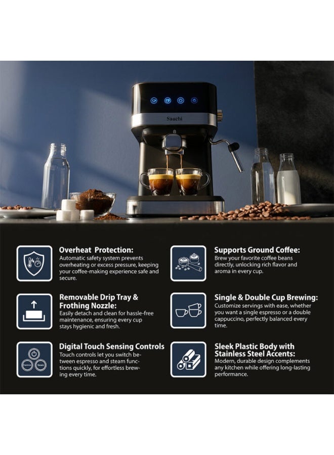 Saachi 20-Bar Espresso Coffee Maker NL-COF-7065-BK, Cappuccino & Latte Machine, 1.5L Water Tank, Touch Control, Milk Frother, Cup Warmer 1 ml 1 W NL-COF-7065-BK Black - Image 3