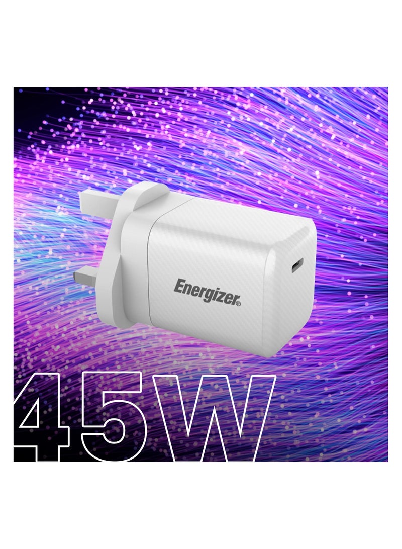 إنرجايزر Ultimate 45W PD GaN Wall Charger, 1x USB-C Output, A45UK – Compact White  - Image 2