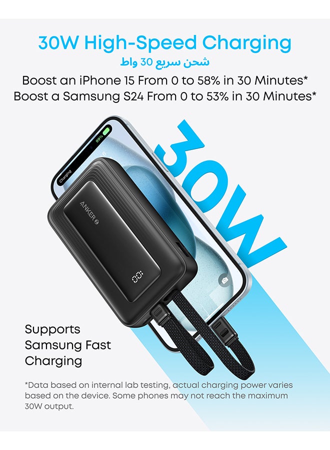 10000 mAh Zolo Power Bank, 10,000mAh 30W Max Fast Portable Charger with Built-in USB-C and MFi Certified Lightning Cables, 1 USB-C, 1 USB-A, Battery Pack for iPhone 16/15/14 Series, Galaxy, and more Black