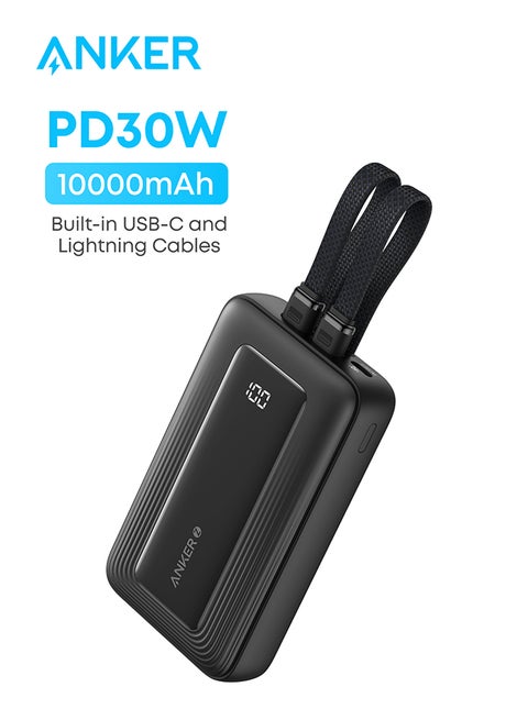10000 mAh Zolo Power Bank, 10,000mAh 30W Max Fast Portable Charger with Built-in USB-C and MFi Certified Lightning Cables, 1 USB-C, 1 USB-A, Battery Pack for iPhone 16/15/14 Series, Galaxy, and more Black