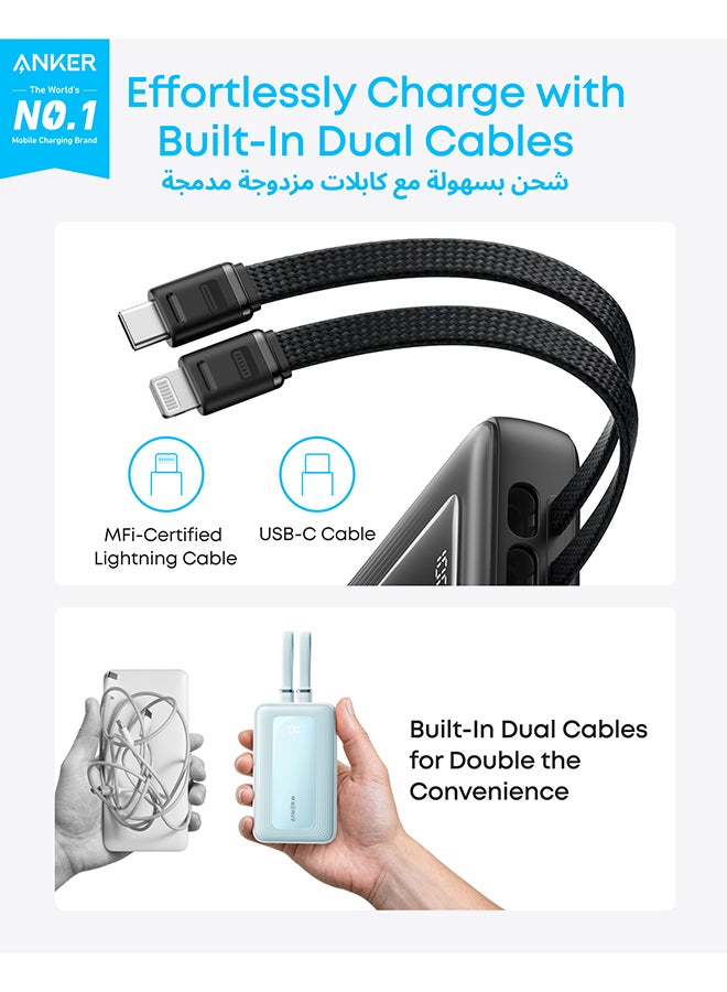 10000 mAh Zolo Power Bank, 10,000mAh 30W Max Fast Portable Charger with Built-in USB-C and MFi Certified Lightning Cables, 1 USB-C, 1 USB-A, Battery Pack for iPhone 16/15/14 Series, Galaxy, and more Black