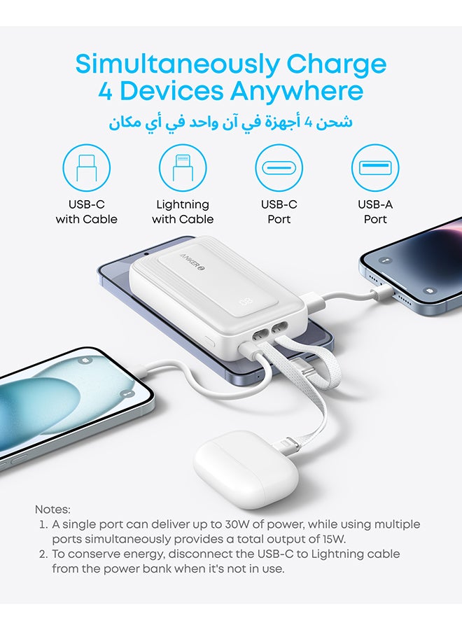 10000 mAh Zolo Power Bank, 10,000mAh 30W Max Fast Portable Charger with Built-in USB-C and MFi Certified Lightning Cables, 1 USB-C, 1 USB-A, Battery Pack for iPhone 16/15/14 Series, Galaxy, and more Black