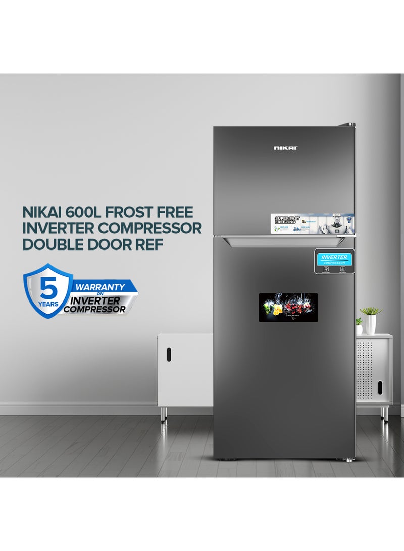 نيكاي 600L Gross & 413L Net Double Door No Frost Top Mount Refrigerator, Silent & Energy Efficient, Inverter Compressor Fridge, Frost-Free, Best for Home & Kitchen - 348.3 W NRF601FSSINV Grey  - Image 1