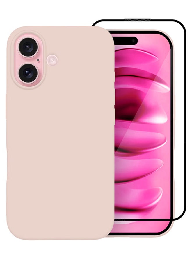 مارجون (for iPhone 16) 2 Pack Case and Screen Protector, Slim Silicone Case, Full Covered Anti Scratch Shockproof Protective Cover Baby Pink - Image 1