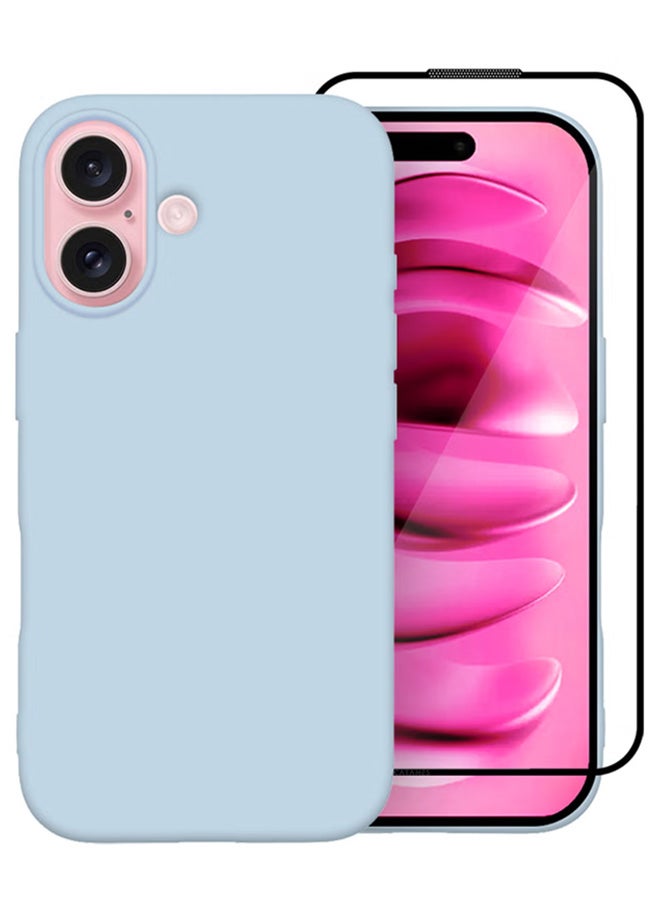 مارجون (for iPhone 16) 2 Pack Case and Screen Protector, Slim Silicone Case, Full Covered Anti Scratch Shockproof Protective Cover Light Blue - Image 1