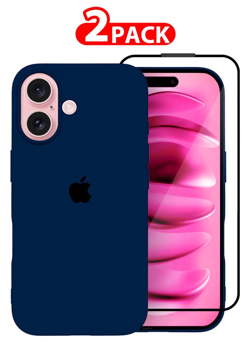 MARGOUN (for iPhone 16) 2 Pack Case and Screen Protector, Slim Silicone Case, Full Covered Anti Scratch Shockproof Protective Cover Dark Blue  - Image 1
