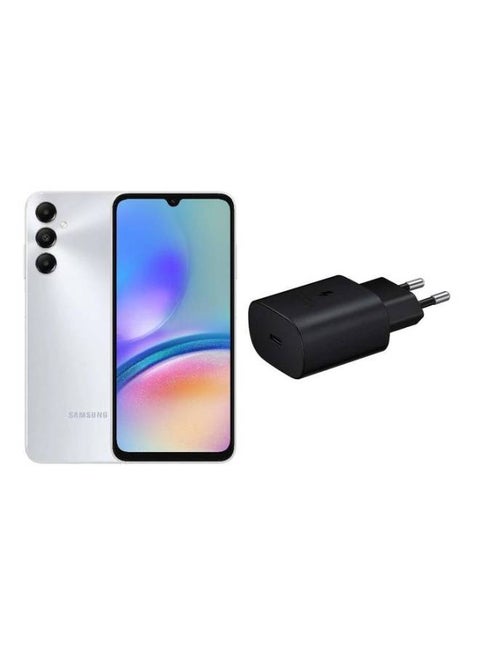 جالاكسي A05s ثنائي الشريحة فضي 4GB RAM 128GB 4G LTE - نسخة الشرق الأوسط مع هدية مجانية محول 25W USB-C للشحن السريع محول السفر (قابس EU)
