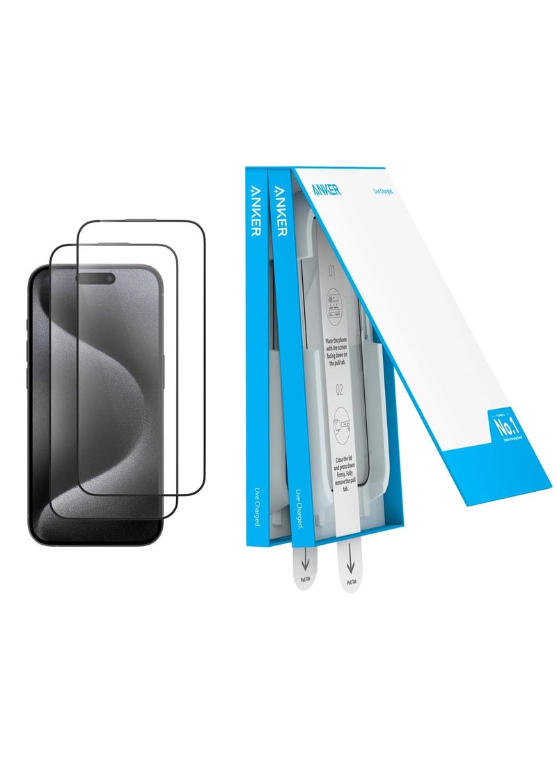 آنكر Screen Protector for iPhone 15 Pro, Bubble-and-Dust-Free iPhone HD Tempered Glass, Durable and Drop-Proof with 9H Hardness, Easy Installation Exclusively for iPhone 15 Pro (2-Pack) Clear  - Image 1