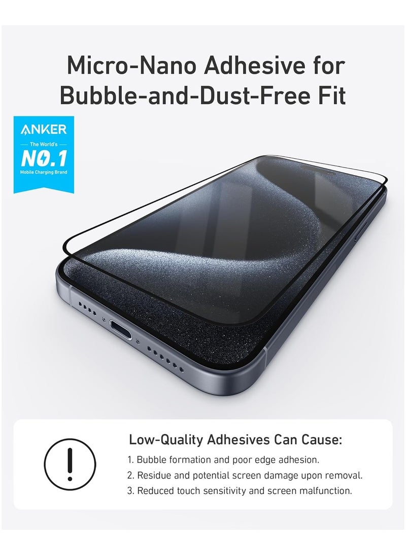 آنكر Screen Protector for iPhone 15 Pro, Bubble-and-Dust-Free iPhone HD Tempered Glass, Durable and Drop-Proof with 9H Hardness, Easy Installation Exclusively for iPhone 15 Pro (2-Pack) Clear  - Image 3