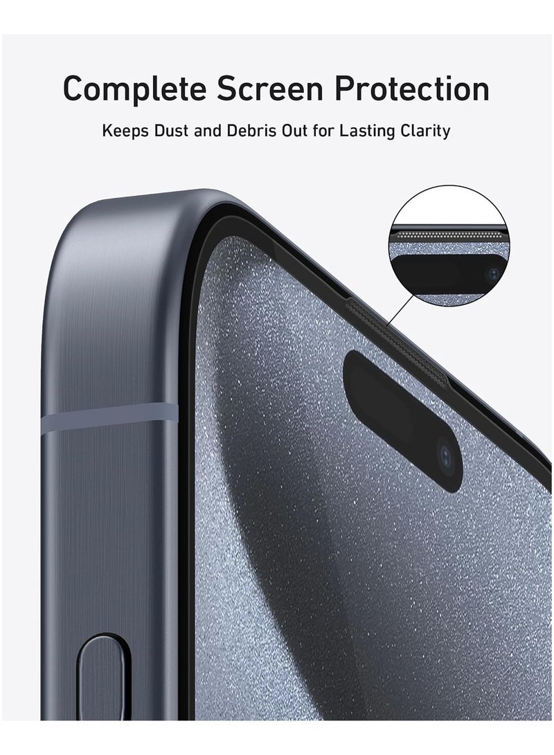آنكر - Screen Protector for iPhone 15 Pro, Bubble-and-Dust-Free iPhone HD Tempered Glass, Durable and Drop-Proof with 9H Hardness, Easy Installation Exclusively for iPhone 15 Pro (2-Pack) Clear - Image 1