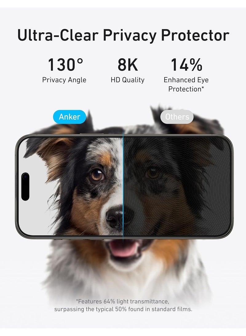 Anker 2 Pack for iPhone 15 Pro Privacy Screen Protector, Anti-Spy HD Tempered-Glass Privacy Screen Protector, Easy Installation Exclusively for iPhone 15 Pro(2-Pack) Black  - Image 3