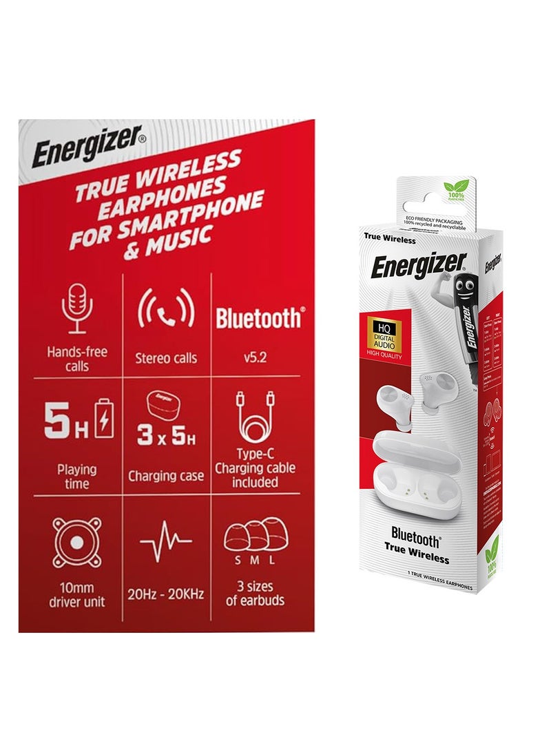 Energizer - TWS Bluetooth 5.2 Earphones Wireless Earbuds Stereo Bass 5H Playing Time USB-C Charging White - Image 1