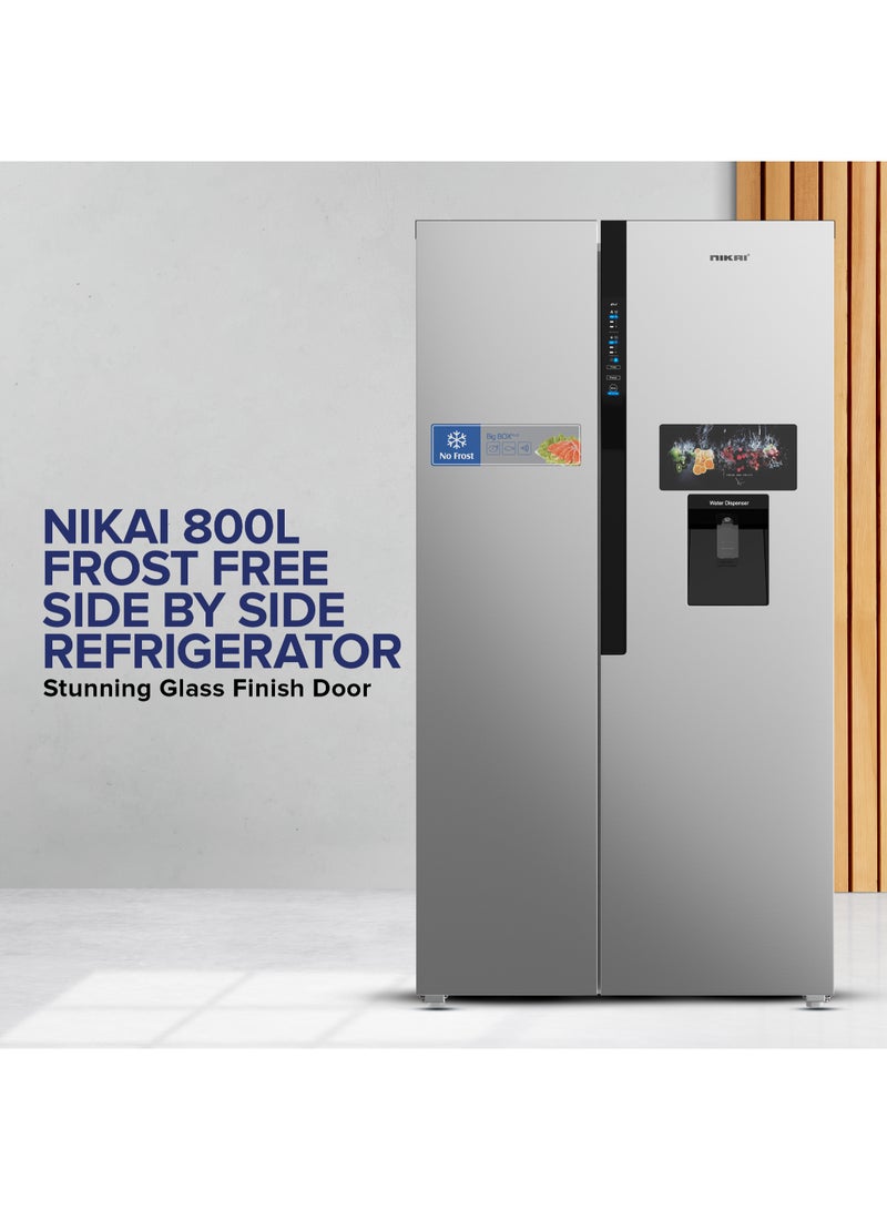 نيكاي - 800L Gross, 502L Net Side-by-Side Refrigerator with Digital Display, Frost Free, R600a Refrigerant, Internal Condenser, Water Dispenser, Silent Operation, Energy Efficient Tropical Compressor fridge- NRF800SBSD5 Silver - Image 1