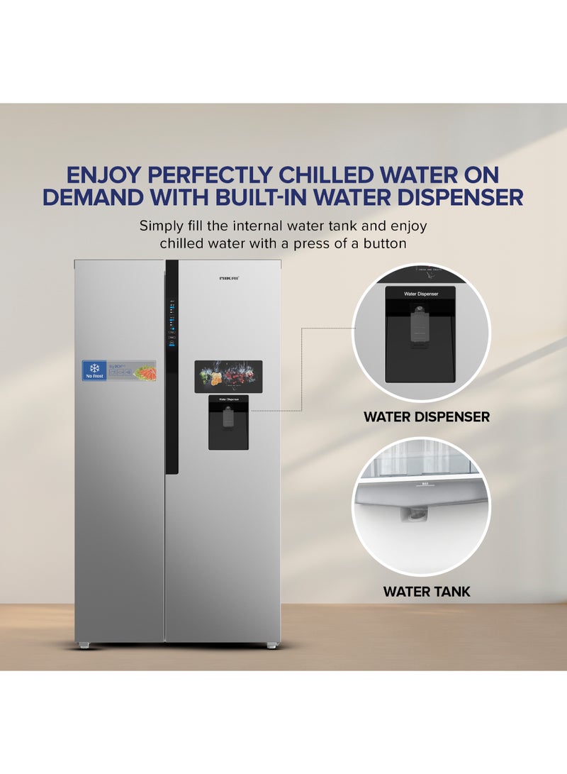 نيكاي - 800L Gross, 502L Net Side-by-Side Refrigerator with Digital Display, Frost Free, R600a Refrigerant, Internal Condenser, Water Dispenser, Silent Operation, Energy Efficient Tropical Compressor fridge- NRF800SBSD5 Silver - Image 1