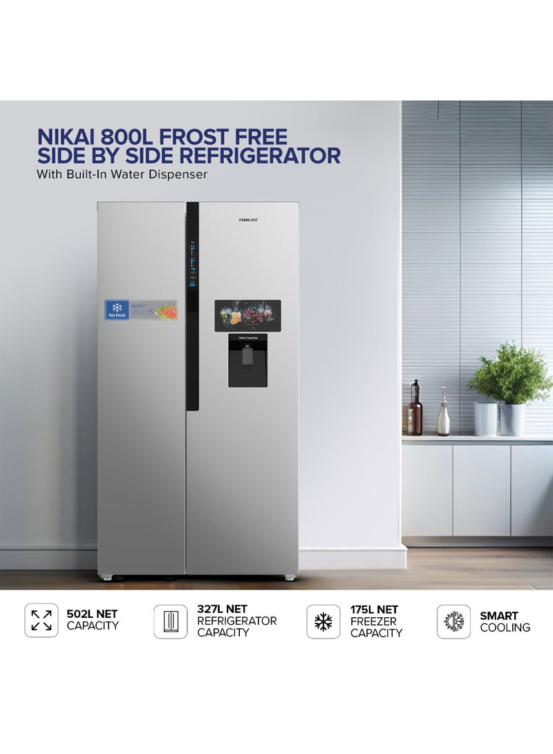 نيكاي - 800L Gross, 502L Net Side-by-Side Refrigerator with Digital Display, Frost Free, R600a Refrigerant, Internal Condenser, Water Dispenser, Silent Operation, Energy Efficient Tropical Compressor fridge- NRF800SBSD5 Silver - Image 1