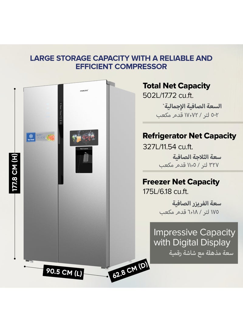 نيكاي - 800L Gross, 502L Net Side-by-Side Refrigerator with Digital Display, Frost Free, R600a Refrigerant, Internal Condenser, Water Dispenser, Silent Operation, Energy Efficient Tropical Compressor fridge- NRF800SBSD5 Silver - Image 1