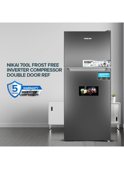 700L Gross & 466L Net Double Door No Frost Top Mount Refrigerator, Silent & Energy Efficient, Inverter Compressor Big Fridge, Frost-Free, Best for Home & Kitchen - 370 W NRF701FSSINV Grey
