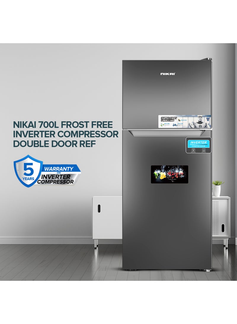 نيكاي 700L Gross & 466L Net Double Door No Frost Top Mount Refrigerator, Silent & Energy Efficient, Inverter Compressor Big Fridge, Frost-Free, Best for Home & Kitchen - 370 W NRF701FSSINV Grey  - Image 1