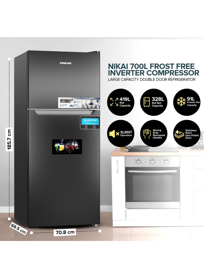 نيكاي 700L Gross & 466L Net Double Door No Frost Top Mount Refrigerator, Silent & Energy Efficient, Inverter Compressor Big Fridge, Frost-Free, Best for Home & Kitchen - 370 W NRF701FSSINV Grey  - Image 3