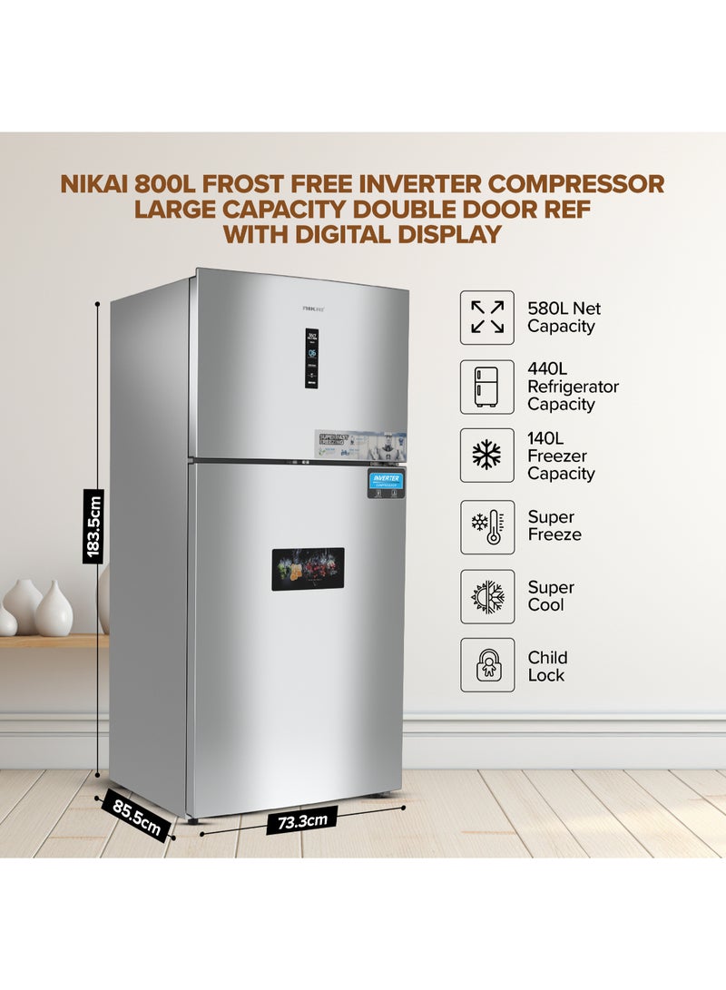 800L Gross & 580L Net Double Door No Frost Top Mount Refrigerator, Digital Display, Silent & Energy Efficient, Inverter Compressor Big Fridge, Frost-Free, Best for Home & Kitchen - 438 W NRF801FSSINV Statinless Steel Finish - pnsku/N70112542V/45/_/1730877430/d11fc3fb-0465-492e-8adc-6a16647569a1