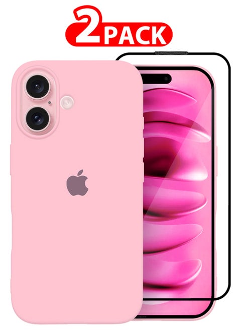 (for iPhone 16 Plus) 2 Pack Case and Screen Protector, Slim Silicone Case, Full Covered Anti Scratch Shockproof Protective Cover Pink