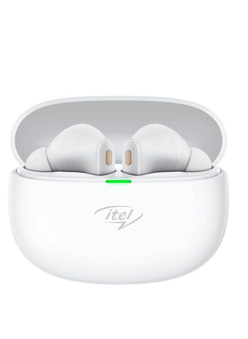 إيتيل - سماعات أذن لاسلكية Itel T11 مع وقت تشغيل يصل إلى 40 ساعة، وميكروفون رباعي ENC، وتصنيف IPX5، ومكبرات صوت Bass Boost مقاس 10 مم، وإصدار BT 5.3، وشحن سريع - من النوع C - Image 1