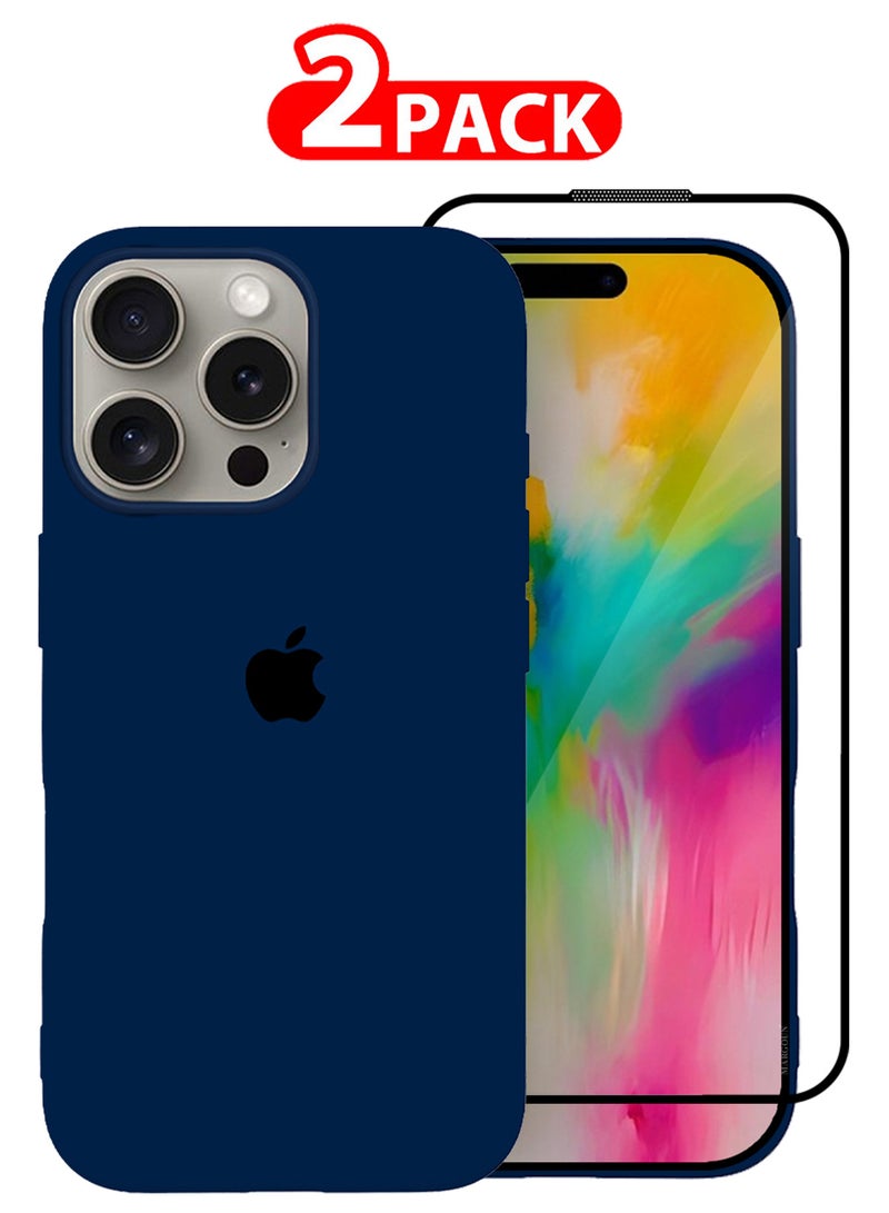 مارجون (for iPhone 16 Pro Max) 2 Pack Case and Screen Protector, Slim Silicone Case, Full Covered Anti Scratch Shockproof Protective Cover Dark Blue - Image 1