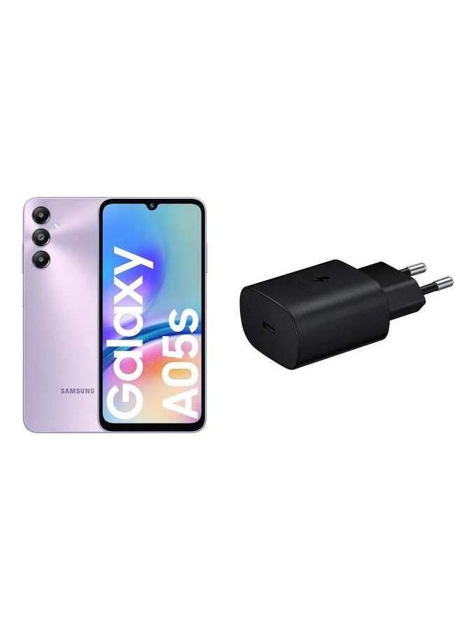 سامسونج Galaxy A05s Dual SIM Light Violet 4GB RAM 128GB 4G LTE - Middle East Version with a free gift 25W Adapter USB-C Super Fast Charging Travel Adapter (EU Plug) - Image 1