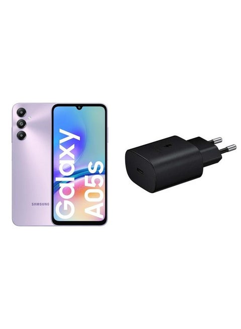 Galaxy A05s Dual SIM Light Violet 6GB RAM 128GB 4G LTE - Middle East Version with a free gift 25W Adapter USB-C Super Fast Charging Travel Adapter (EU Plug)