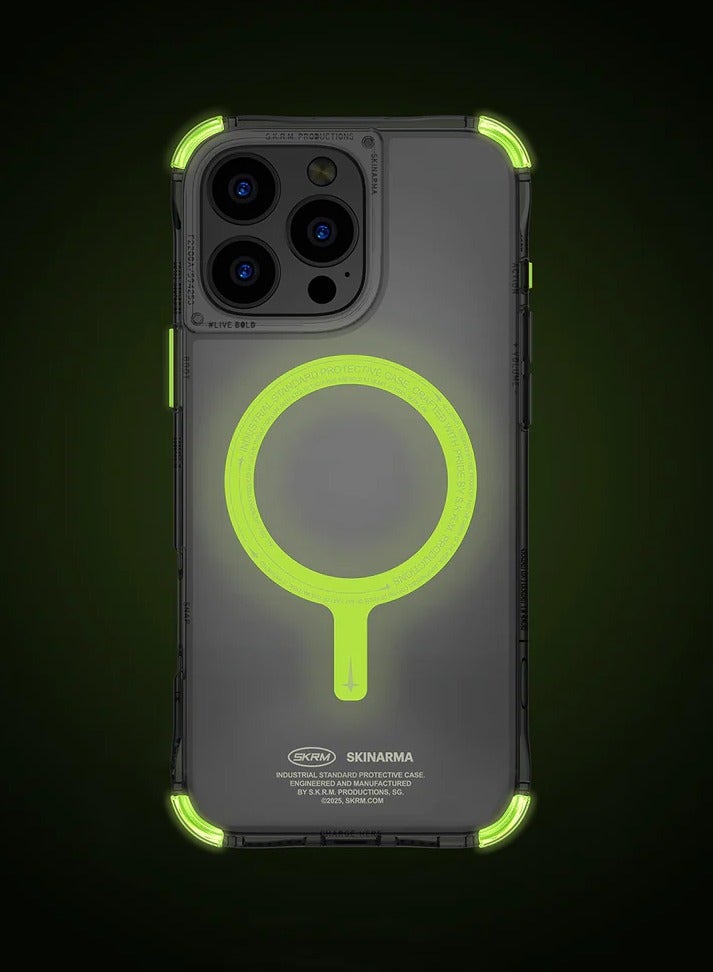 Skinarma Saido NiteGlow Mag-Charge Designed With Reinforced Corner Impact Bumpers Night Glow with Photoluminescent Glow in Dark Details compatible with iPhone 16 Pro - Green  - Image 1