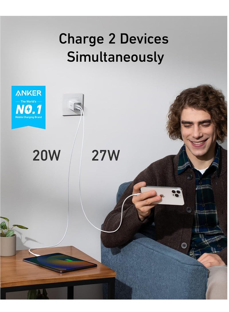 Anker 47W USB C Charger, Charger 523 (Nano 3), GaN Compact 2-Port Fast Charger for iPhone 14/14 Plus/14 Pro/14 Pro Max/13, Galaxy, Pixel 4/3, iPad/iPad Mini (Cable Not Included) White  - Image 2