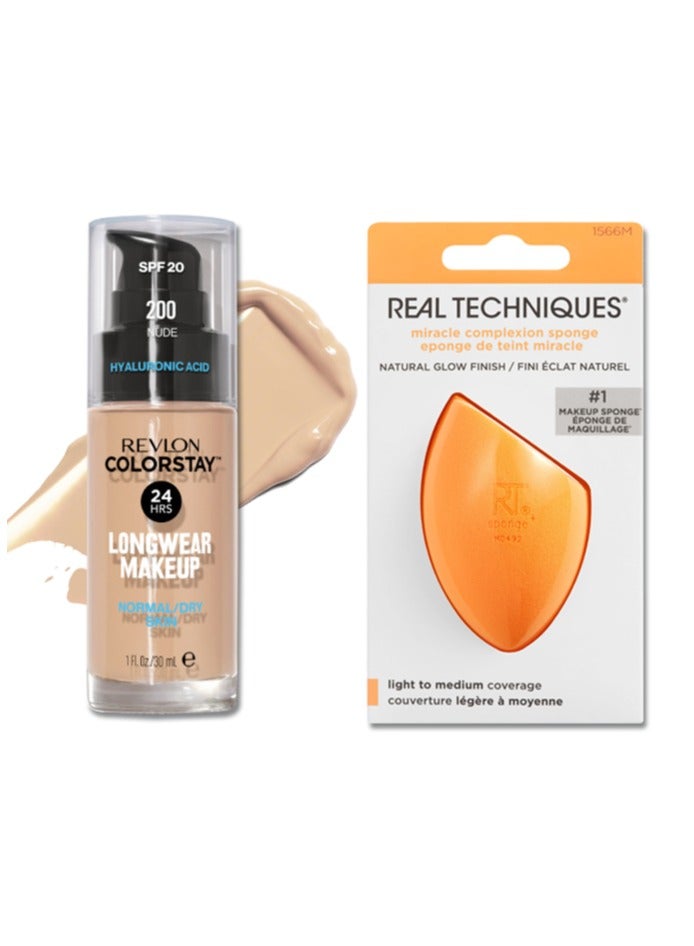 Revlon ColorStay™ Longwear Makeup for Normal/Dry Skin, SPF 20 and Real Techniques Makeup Sponge Bundle, Includes 1 Foundation in Nude 200 and 1 Miracle Complexion Makeup Sponges Nude 200  - Image 1