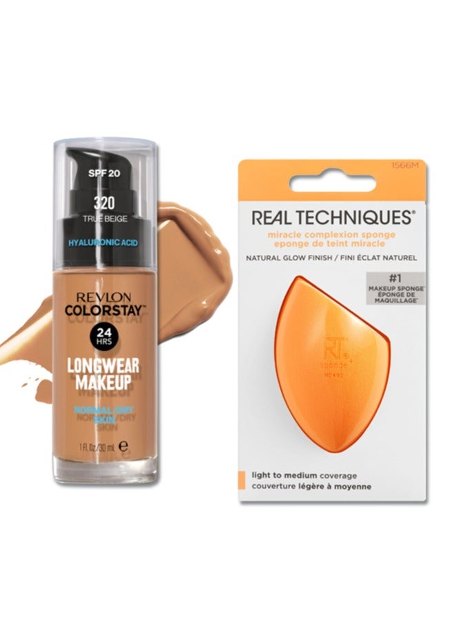 Revlon ColorStay™ Longwear Makeup for Normal/Dry Skin, SPF 20 and Real Techniques Makeup Sponge Bundle, Includes 1 Foundation in True Beige 320 and 1 Miracle Complexion Makeup Sponges True Beige 320  - Image 1