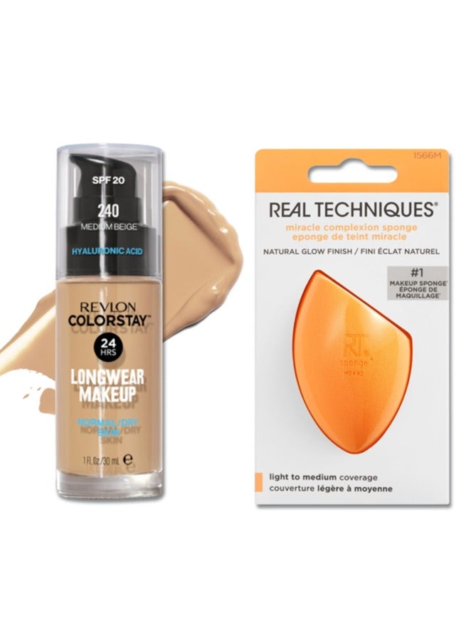 ريفلون - مجموعة مكياج ColorStay™ Longwear للبشرة العادية/الجافة، عامل حماية من الشمس 20 وإسفنجة مكياج Real Techniques، تتضمن 1 كريم أساس باللون البيج المتوسط 240 و1 إسفنجة مكياج Miracle Complexion - Image 1