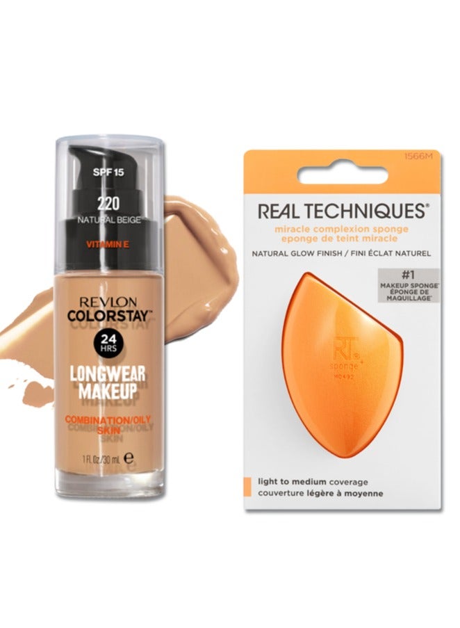 Revlon ColorStay™ Longwear Makeup for Combination/Oily Skin, SPF 15 and Real Techniques Makeup Sponge Bundle, Includes 1 Foundation in Natural Beige 220 and 1 Miracle Complexion Makeup Sponges Natural Beige 220  - Image 1