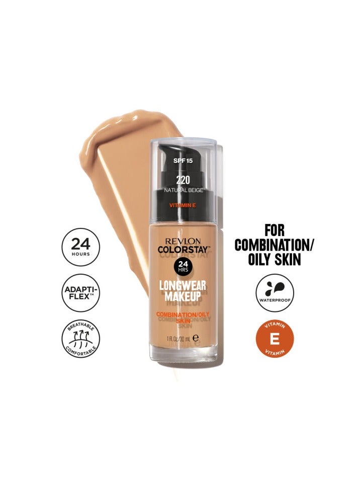 Revlon ColorStay™ Longwear Makeup for Combination/Oily Skin, SPF 15 and Real Techniques Makeup Sponge Bundle, Includes 1 Foundation in Natural Beige 220 and 1 Miracle Complexion Makeup Sponges Natural Beige 220  - Image 2