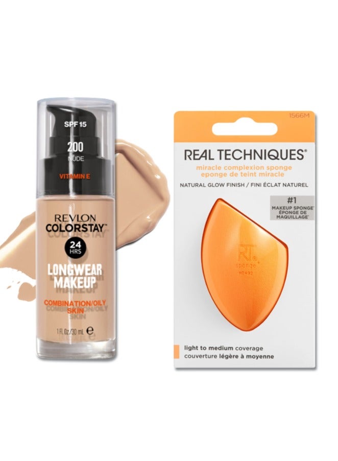 Revlon ColorStay™ Longwear Makeup for Combination/Oily Skin, SPF 15 and Real Techniques Makeup Sponge Bundle, Includes 1 Foundation in Nude 200 and 1 Miracle Complexion Makeup Sponges Nude 200  - Image 1