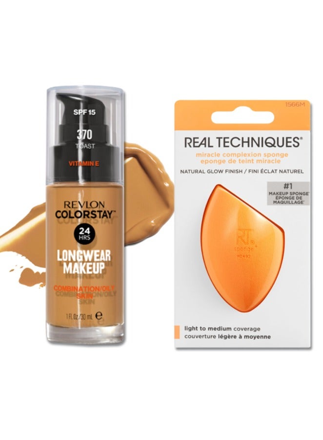 Revlon ColorStay™ Longwear Makeup for Combination/Oily Skin, SPF 15 and Real Techniques Makeup Sponge Bundle, Includes 1 Foundation in Toast 370 and 1 Miracle Complexion Makeup Sponges Toast 370  - Image 1
